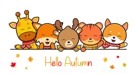 happy cute animal in autumn banner icon cartoon illustration design isolated flat cartoon styleのイラスト素材