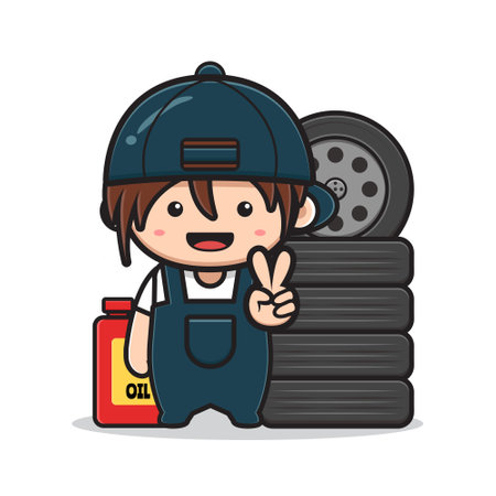 Cute mechanic with peace pose cartoon icon illustration design isolated flat styleのイラスト素材