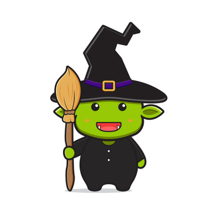 Cute goblin wear witch costume halloween celebration mascot character cartoon icon illustration. Design isolated flat cartoon styleのイラスト素材