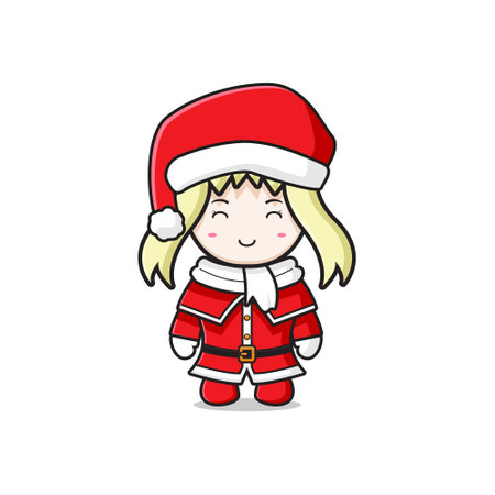 Cute girl with santa costume character cartoon doodle card icon illustration flat cartoon styleのイラスト素材