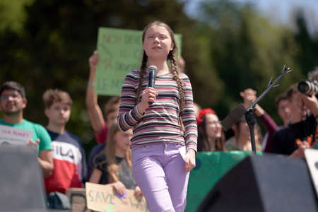 ROME, ITALY - April 19, 2019: Swedish climate activist Greta Thunberg attending Fridays For Future...