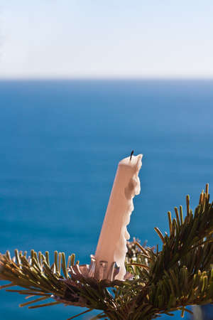 Christmas Candle On A Tree In Front Of The Blue Seaの写真素材