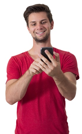 Young White Man In Red T-Shirt Working On His Smartphoneの写真素材