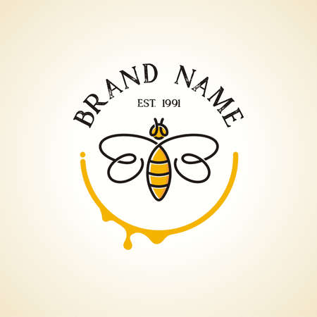Abstract bee logo with continuous line style in yellow semicircleのイラスト素材
