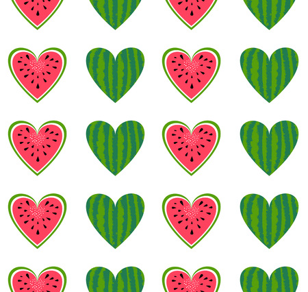 Vector watermelon seamless pattern. Background for summer. Food vector texture. Sliced fruit, red and green heart of watermelon. Wallpaper for love. Watermelon for t-shirt print design, bag, textil.のイラスト素材