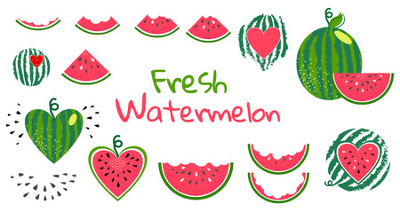 Vector watermelon set isolated on white background. Summer fruit whole and sliced. Slices shape of heart with seeds. Cartoon style illustration. Icon and logo design. Bited watermelon.のイラスト素材