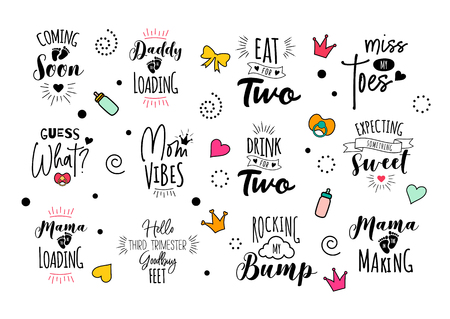 Pregnancy mama mother quote set. Vector print design for pregnant woman. Motherhood  illustration. Cute lettering with doodles. Calligraphy for t-shirt. Baby and newborn.のイラスト素材