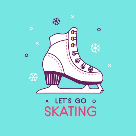 Ice figure skates illustration. Woman ice skates shoe icon or symbol. Winter holiday activity. Christmas card. Illustration with skates shoe silhouette. Healthy winter sportのイラスト素材