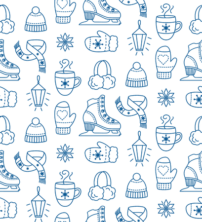 Winter season seamless pattern with ice skates, winter warm clothes and hot drink. Winter vacation pattern.  Hand drawn illustration isolated on white background.のイラスト素材