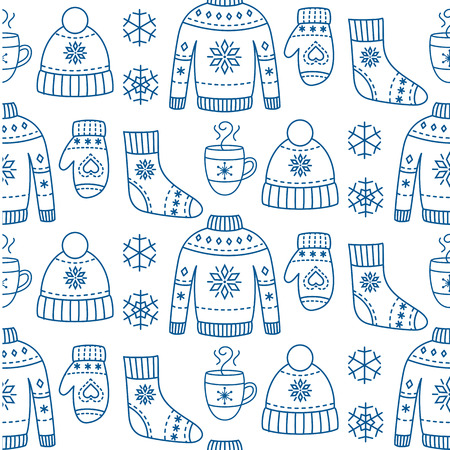 Winter season clothes seamless pattern with sweater, mitten, hat, socks with ornament. Blue outline background with knitted hipster accessories. Hand drawn vector sketch elements.のイラスト素材