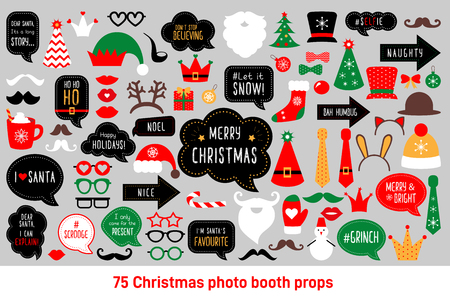 Christmas photo booth props. Merry christmas party . Red and green cards and speech bubble with funny quotes for christmas. Vector photobooth set: Santa and elf hat, beard, deer, snowman, candy, mustache, lips.のイラスト素材