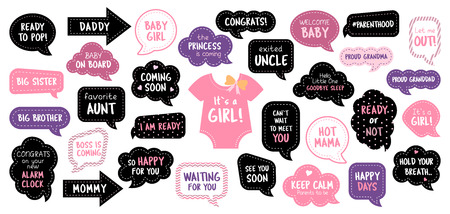 Baby shower photo booth props. Happy birthday party for girl. Pink cards and speech bubbles with funny quotes for new born and parents. Vector photobooth set for pregnancy party.のイラスト素材