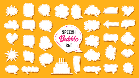 Speech bubble vector set in cartoon style. Blank white balloons and clouds for message or comment. Good for chat. Collection of square, round, star shapes. Banner for discount text.のイラスト素材