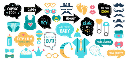 Baby shower photo booth props. Happy birthday party for boy. Blue cards and speech bubble with funny quotes for new born and parents. Vector photobooth set: bottle, nippel, strollerのイラスト素材