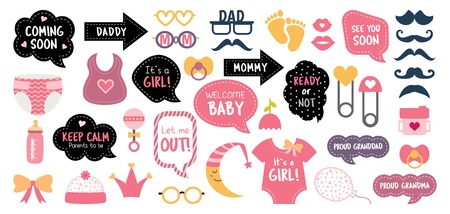 Baby shower photo booth props. Happy birthday party for girl. Pink cards and speech bubble with funny quotes for new born and parents. Vector photobooth set: bottle, nippel, strollerのイラスト素材