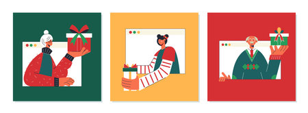 Christmas online virtual present gift family partyのイラスト素材