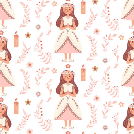First communion little girl seamless pattern Christian backgroundのイラスト素材