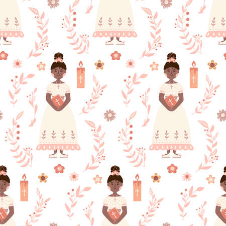 First communion little girl seamless pattern Christian backgroundのイラスト素材