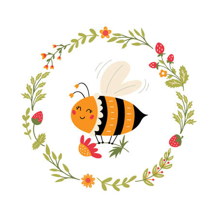 Flying Bee in floral wreath Cute cartoon bumblebeeのイラスト素材