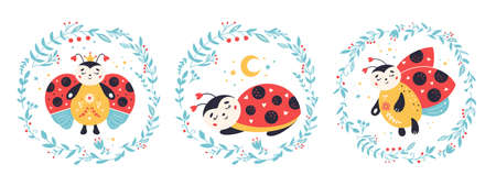 Ladybug ladybird vector set in cartoon styleのイラスト素材