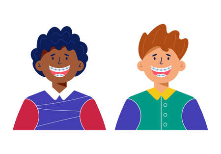 Happy boys with dental braces cartoon illustrationのイラスト素材