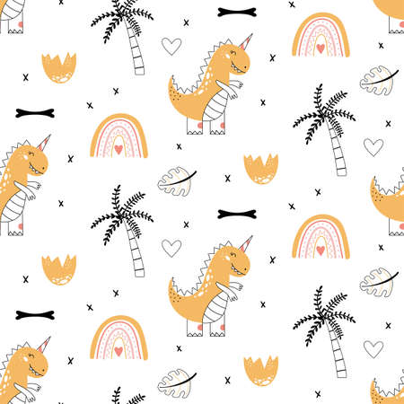 Cute dinosaur Seamless pattern doodle style Outline baby dinoのイラスト素材