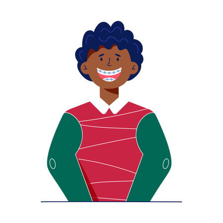 Happy kid with dental braces cartoon illustrationのイラスト素材