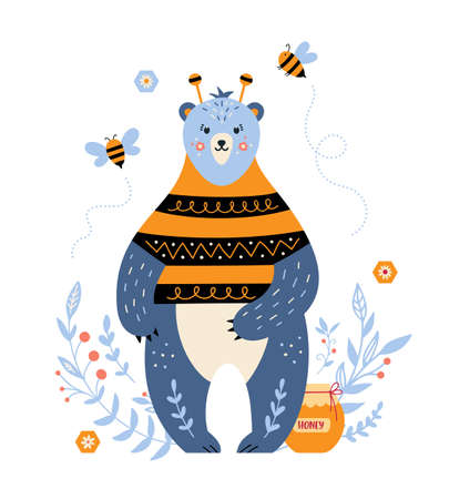 Cartoon vector bear with honey and beeのイラスト素材