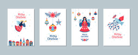 Christmas cards vector set of angel balls mistletoeのイラスト素材
