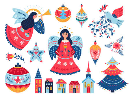 Christmas angel decor balls tree mistletoe setのイラスト素材
