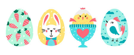 Easter bright egg rabbit bunny cat chickenのイラスト素材