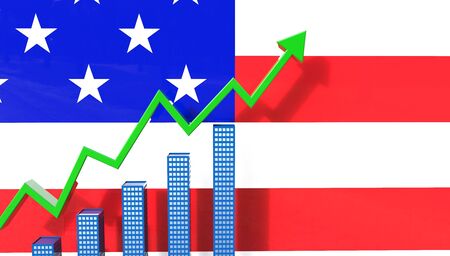 House Market Prices Graph Concept 3D Illustration with the USA flag in the backgroundの写真素材