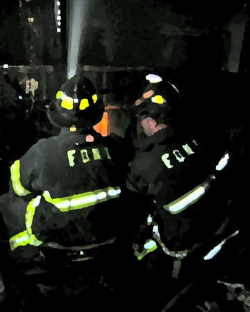 An artistic rendering of fire fighters operating a hose line in a basement fire. の写真素材