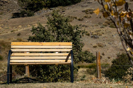wooden bench in the mountainの写真素材