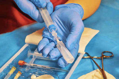 Preparing an anesthesia kit close-up. Epidural anesthesiaの写真素材