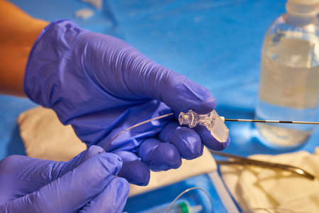 Epidural anesthesia in medicine. Preparing an anesthesia kit close-upの写真素材