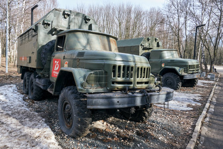 Ryazan, Russia - April 9, 2022: Russian military trucks ZIL