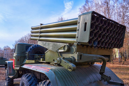 Ryazan, Russia - April 9, 2022: Multiple launch rocket system GRAD. Soviet and Russian multiple...