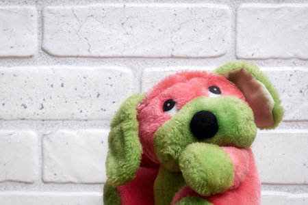 Multicolored plush kids toy on wall backgroundの写真素材