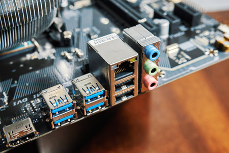 Ryazan, Russia - November 16, 2021: Computer motherboard back panel portsのeditorial素材