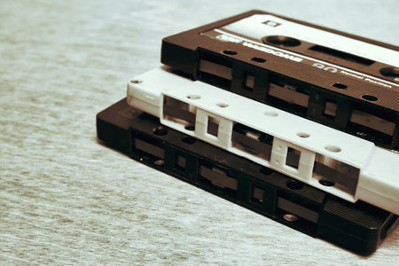 Ryazan, Russia - January 6, 2022: Old audio cassettes without a case. An outdated way to store and listen to musicのeditorial素材