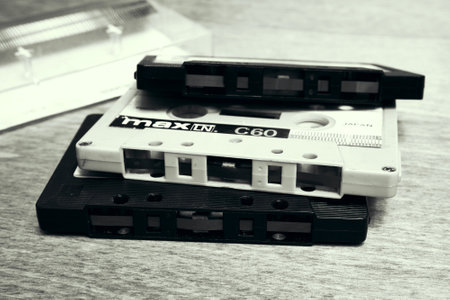 Ryazan, Russia - January 6, 2022: Close-up of old audio cassettes without a case. An outdated way to store and listen to musicのeditorial素材