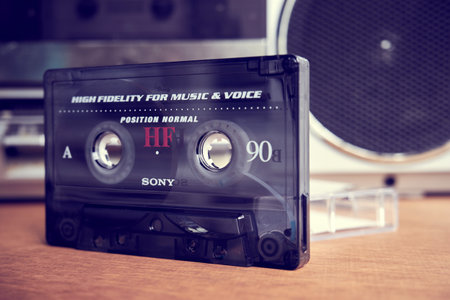 Ryazan, Russia - July 17, 2022: Sony audio cassette in front of a tape recorderのeditorial素材