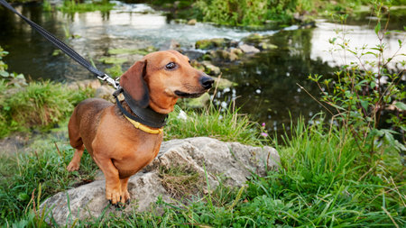 Walking the dog outside the city. Beautiful purebred miniature dachshund on a walk near the river in summerの写真素材