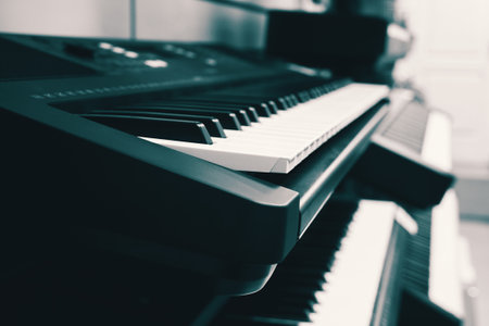Modern synthesizers with electronic keyboard in a music store. Selective focusの写真素材