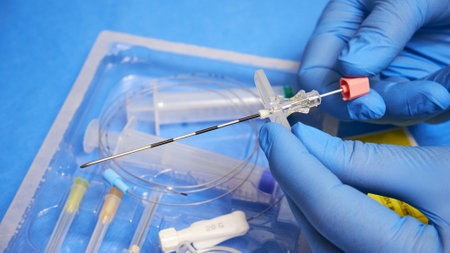 Needle for anesthesia in the hands of a doctor. Tuohy Epidural Needleのeditorial素材