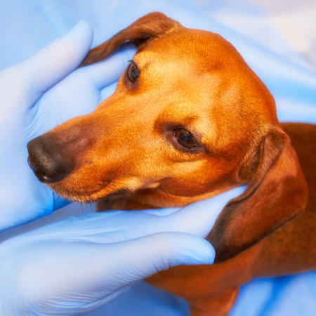 Examining a dog at a veterinary clinic. Veterinarian's hands in gloves hold the dog's head. Soft filter used on the imageの写真素材