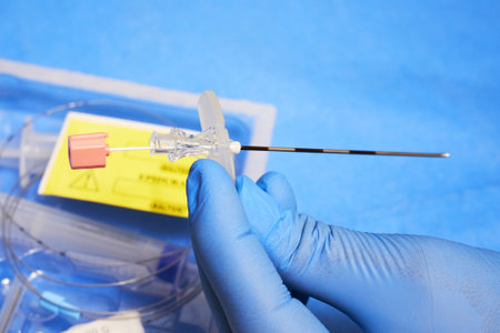 Medic's gloved hands and epidural anesthesia kitの写真素材