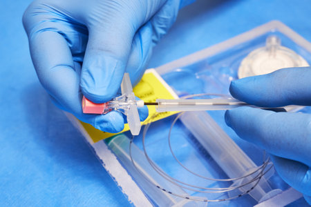 Ryazan, Russia - October 23, 2022: Hands of a medic in a glove and a set for epidural anesthesiaのeditorial素材