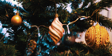 Decorated artificial Christmas tree. New year celebration concept